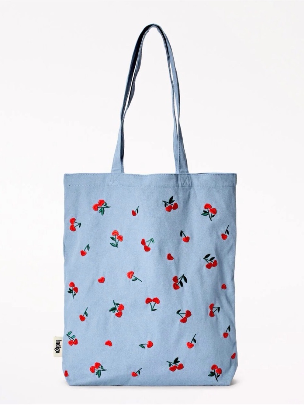 Canvas Cherry Heart Embroidered Tote Bag - Blue